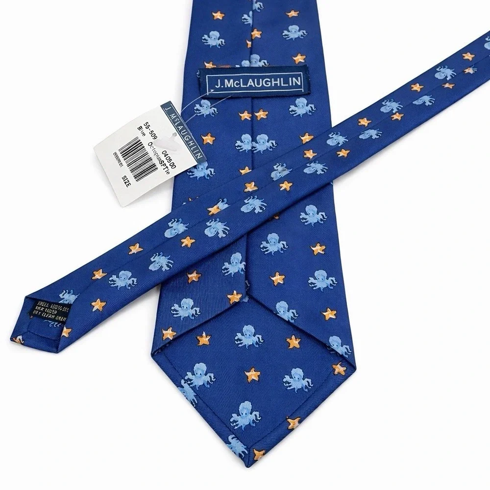 J McLaughlin Octopus Tie Nautical Novelty Silk Blue Starfish‎ NWT